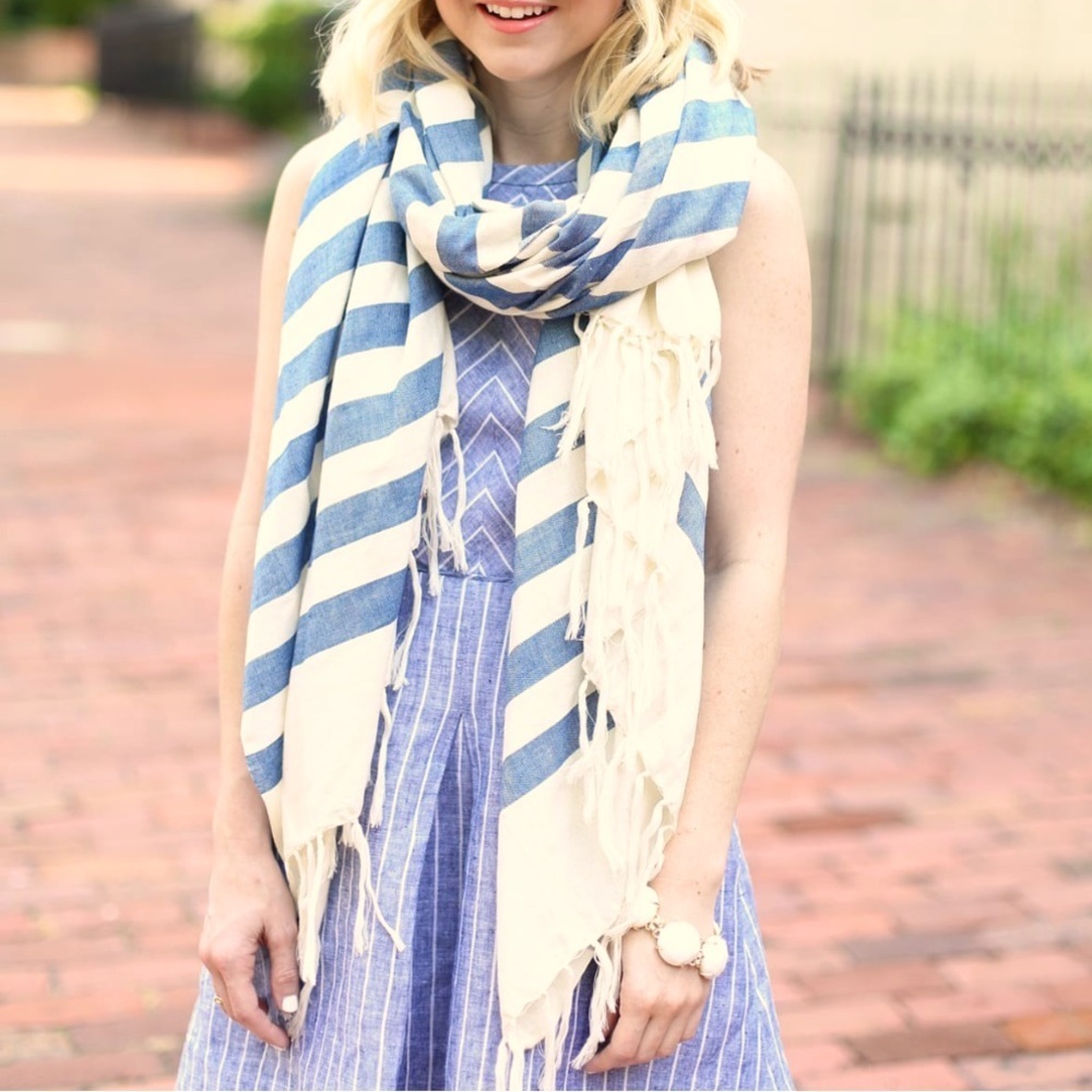 J. Crew Blue and White Striped Sheer Scarf